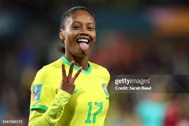 Ary Borges of Brazil celebrates after scoring her team's fourth and her hat trick goal during the FIFA Women's World Cup Australia & New Zealand 2023...