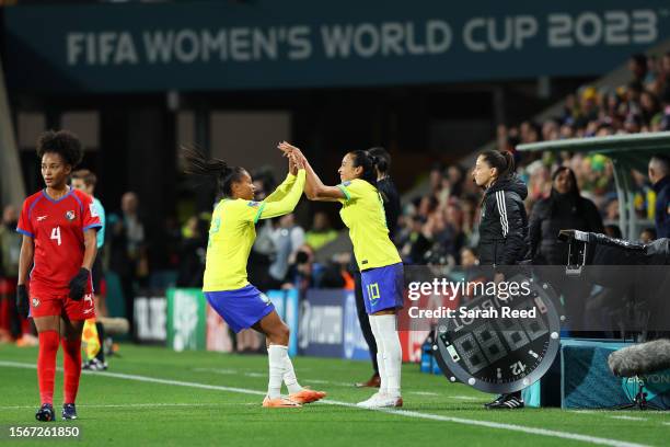 Marta of Brazil is brought in for Ary Borges during the FIFA Women's World Cup Australia & New Zealand 2023 Group F match between Brazil and Panama...