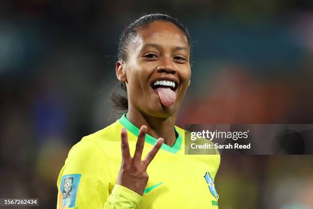 Ary Borges of Brazil celebrates after scoring her team's fourth and her hat trick goal during the FIFA Women's World Cup Australia & New Zealand 2023...