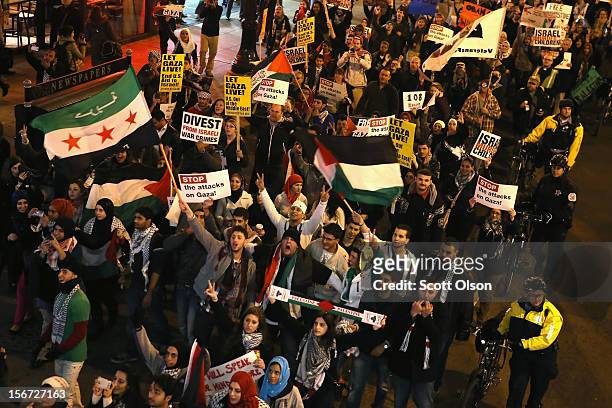 Protesters demonstrate against Israeli attacks on Gaza on November 19, 2012 in Chicago, Illinois. Several hundred people joined the protest which...