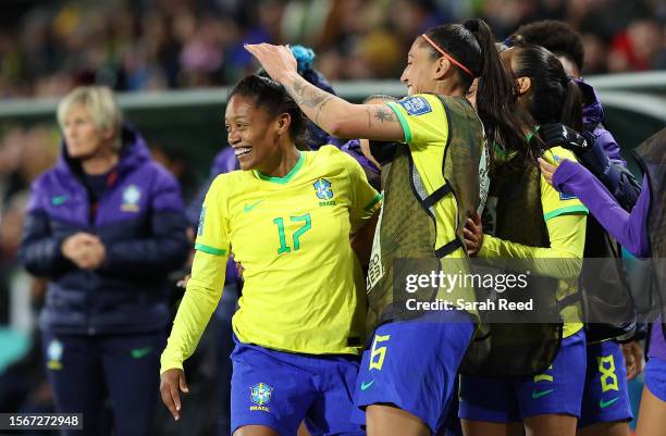 Ary Borges of Brazil celebrates with teammates after scoring her team's fourth and her hat trick goal during the FIFA Women's World Cup Australia &...