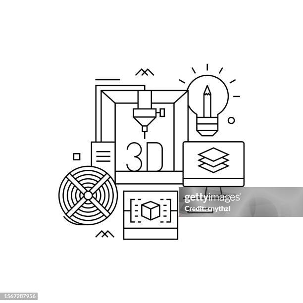vector set of illustration 3d printing concept. line art style background design for web page, banner, poster, print etc. vector illustration. - 3d scanning stock illustrations