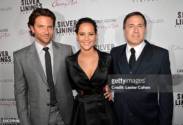 Actors Bradley Cooper, Jennifer Lawrence, and Writer/Director David O. Russell attend the ""Silver Linings Playbook" Los Angeles special screening at...
