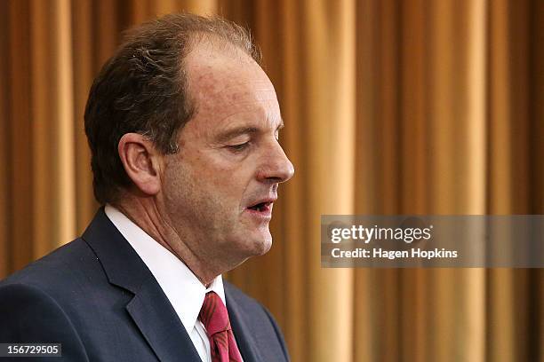 Labour leader David Shearer speaks to media during a press conference at Parliament on November 20, 2012 in Wellington, New Zealand. David Shearer...