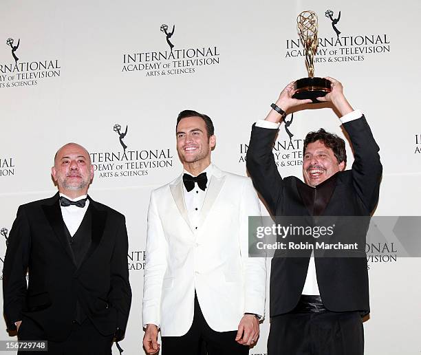 Producer/director Claudio Torres, Actor Cheyenne Jackson and Writer Mauro Wilson attends the 40th International Emmy Awards on November 19, 2012 in...
