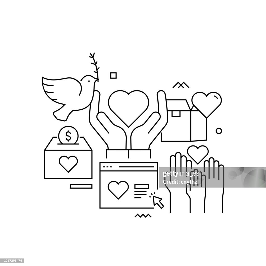 Vector Set of Illustration Charity and Donation Concept. Line Art Style Background Design for Web Page, Banner, Poster, Print etc. Vector Illustration.