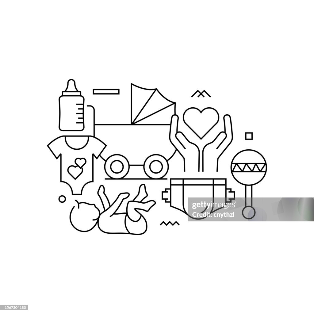 Vector Set of Illustration Babies and Motherhood Concept. Line Art Style Background Design for Web Page, Banner, Poster, Print etc. Vector Illustration.