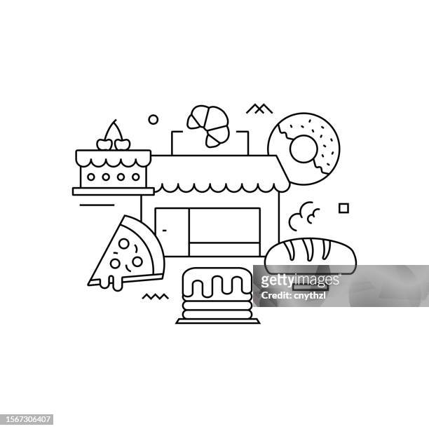 vector set of illustration bakery concept. line art style background design for web page, banner, poster, print etc. vector illustration. - artisanal food and drink stock illustrations