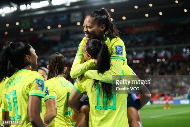 Bia Zaneratto of Brazil celebrates with team mate Ary Borges after scoring her team's third goal during the FIFA Women's World Cup Australia & New...