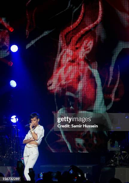 Rihanna performs live on stage as part of her 777 tour at The Forum on November 19, 2012 in London, England.