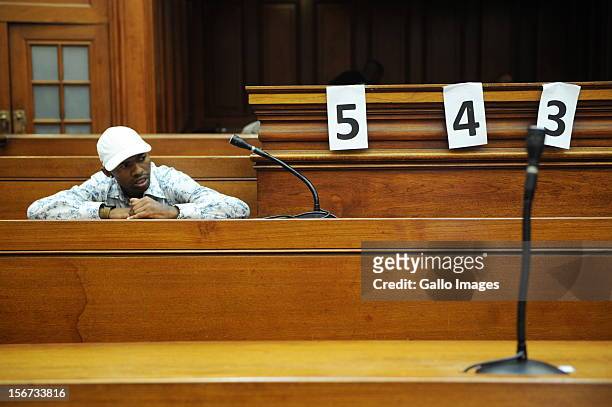 Xolile Mngeni in the Cape Town High Court on November19, 2012 in Cape Town, South Africa. Mngeni was found guilty of robbery with aggravating...