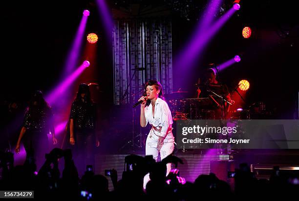 Singer Rihanna performs live on stage as part of her 777 tour at The Forum on November 19, 2012 in London, England.