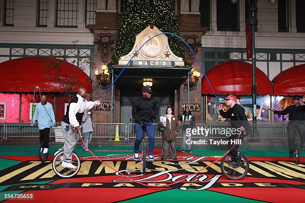 The King Charles Unicycle Troupe of the Bronx perform at Day One of the 86th Anniversary Macy's Thanksgiving Day Parade Rehearsals at Macy's Herald...