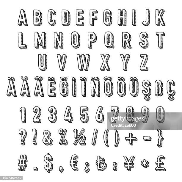 stockillustraties, clipart, cartoons en iconen met three dimensional alphabet, numbers, currency signs and punctuation mark - punctuation mark