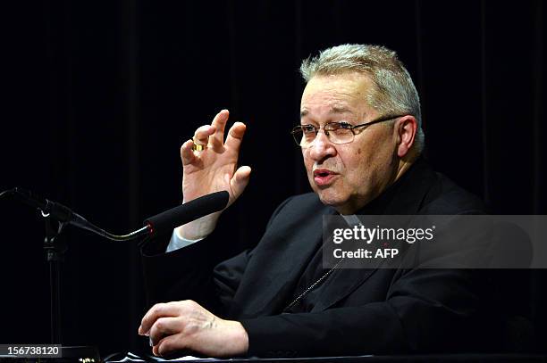 Cardinal Andre Vingt-Trois, the archbishop of Paris, reacts during a conference on November 19, 2012 at the Saint-Louis cultural centre in Rome....