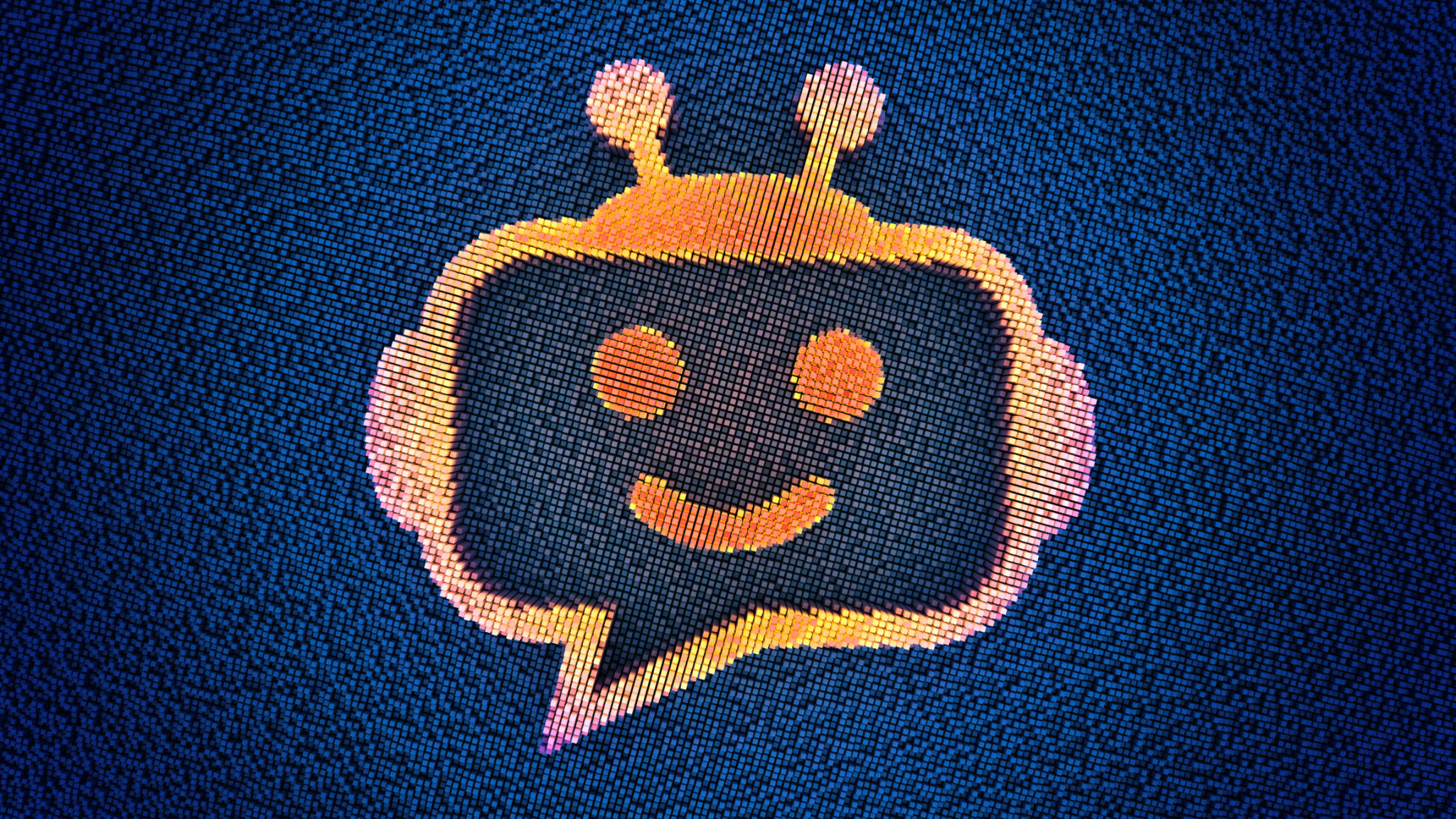 Chatbot icon on the digital futuristic blue background. 3d Illustration with bright colors and pixelated technology. Chatbot icon on the digital futuristic blue background. 3d Illustration with bright colors and pixelated technology.