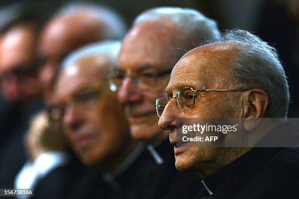 Carrdinal Roger Etchegaray attends a conference by Cardinal Andre Vingt-Trois on November 19, 2012 at the Saint-Louis cultural centre in Rome....