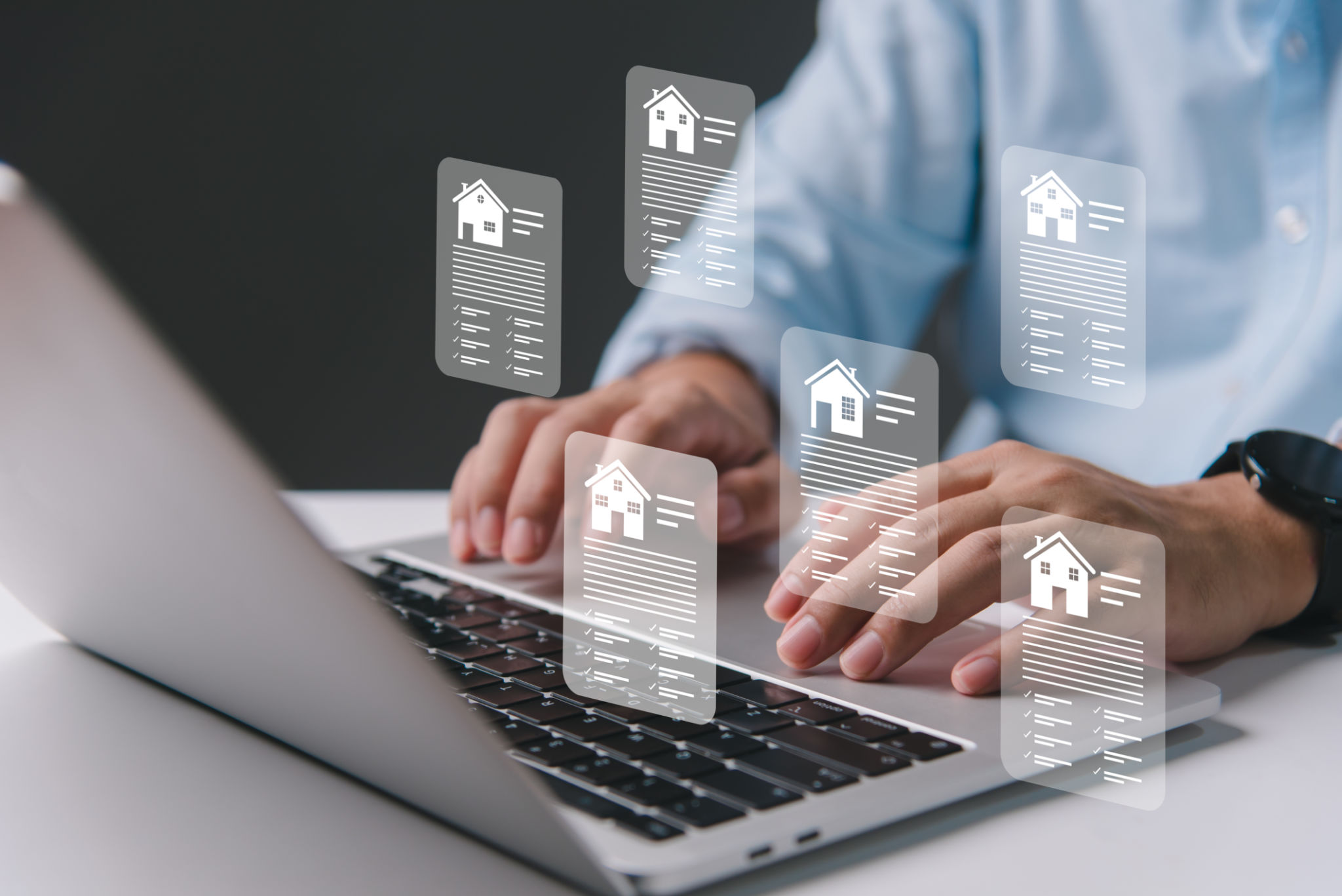 Real estate concept business, home insurance and real estate protection. Buy and sell houses and real estate online on a virtual screen Real estate concept business, home insurance and real estate protection. Buy and sell houses and real estate online on a virtual screen