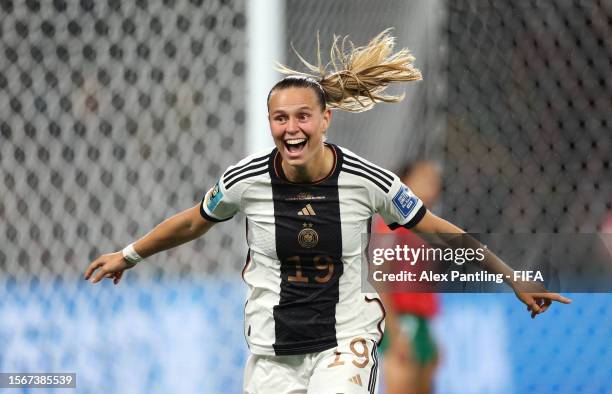 Klara Buehl of Germany celebrates after scoring her team's third goal during the FIFA Women's World Cup Australia & New Zealand 2023 Group H match...