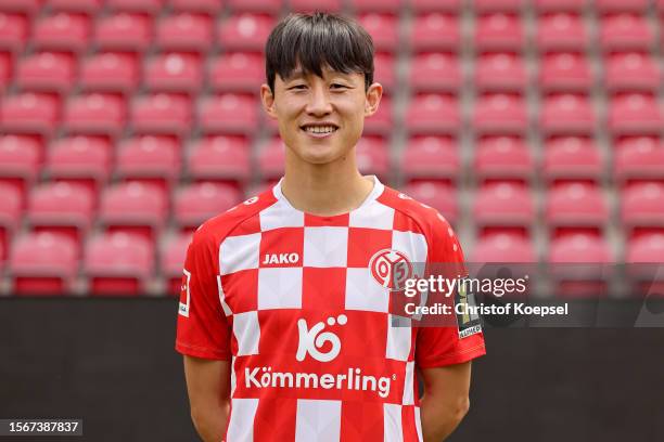 Jae-Sung Lee of 1. FSV Mainz 05 poses during the team presentation at MEWA Arena on July 24, 2023 in Mainz, Germany.