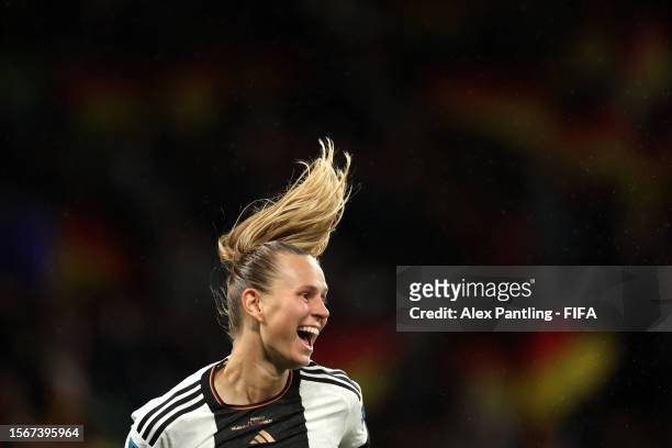 Klara Buehl of Germany celebrates after scoring her team's third goal during the FIFA Women's World Cup Australia & New Zealand 2023 Group H match...