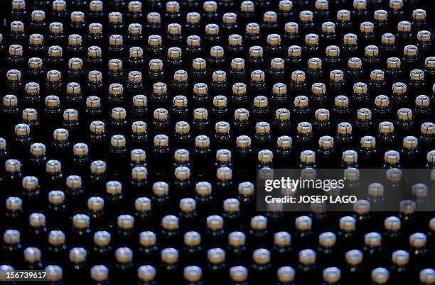 Spain-Catalonia-vote-wine" Cava bottles are pictured on November 8, 2012 at the Segura Viudas Cava vineyard in Sant Sadurni D'anoia, near Barcelona....