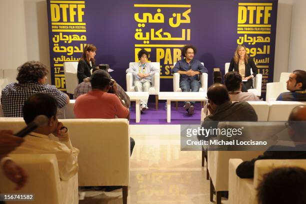 Actor Yanis Bahloul and director Brahim Fritah of "Playground Chronicles" attend the Arab Discussion Press Conference during the 2012 Doha Tribeca...