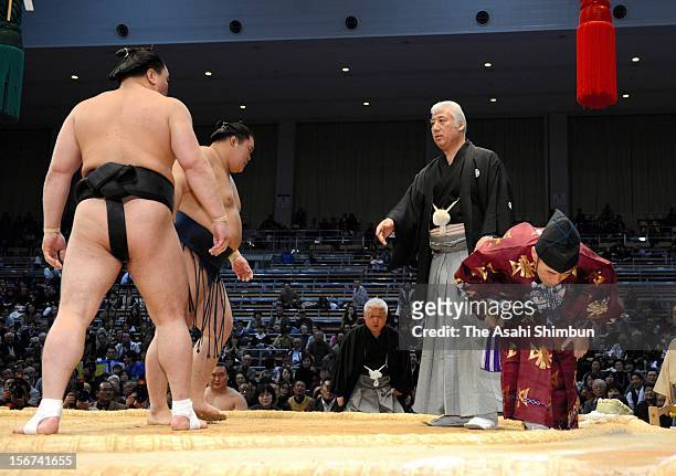 Jury intervenes while gyoji Shikimori Inosuke checks if a footprint was left outside the ring, at the bout between yokozuna Harumafuji and Goeido ,...