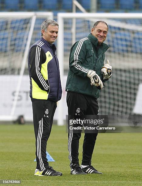 Head coach Jose Mourinho and assistant Silvino Louro of Real Madrid smile during a training session ahead of their UEFA Champions League group stage...
