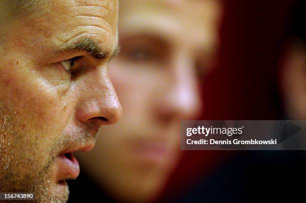 Head coach Frank de Boer of Amsterdam looks on during a press conference ahead of the UEFA Champions League match against Borussia Dortmund on...