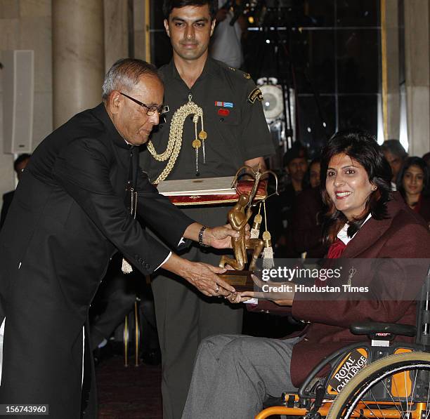 Indian President Pranab Mukherjee presenting the Arjun Award to Para Athlete Deepa Malik during the Sports and Adventure Awards Presentation ceremony...