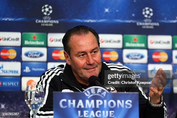 Head coach Huub Stevens of Schalke 04 attends the press conference at Veltins Arena ahead of the UEFA Champions League group B match between FC...