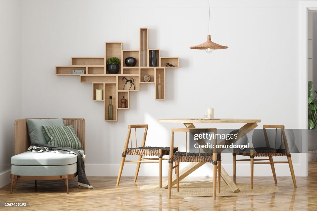 Modern Living Room With Armchair, Wooden Table, Chairs And Wicker Lamp