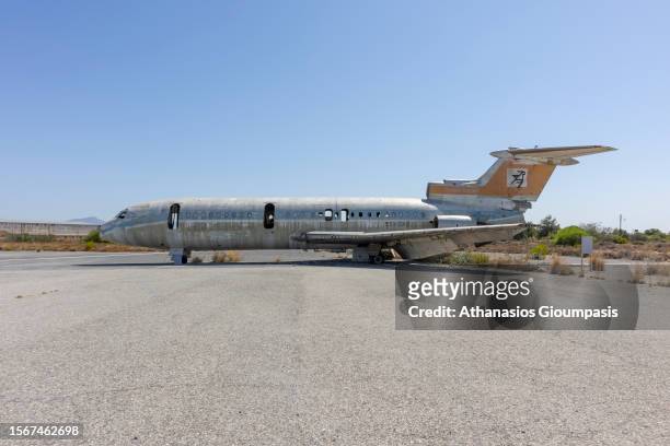 The shell of an abandoned passenger plane Hawker-Siddeley Trident of Cyprus Airways at Nicosia International Airport inside the buffer on July 19,...