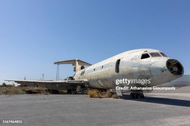 The shell of an abandoned passenger plane Hawker-Siddeley Trident of Cyprus Airways at Nicosia International Airport inside the buffer on July 19,...