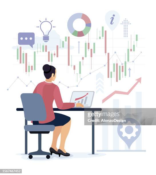 new business concept. technology and finance trends. businesswoman character analyzing infographic. businesswoman character.  young woman doing cryptocurrency business trading on her computer. - stock trader stock illustrations