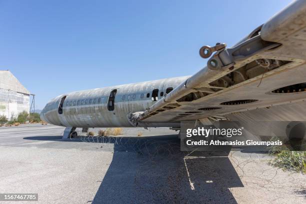 The shell of an abandoned passenger plane Hawker-Siddeley Trident of Cyprus Airways at Nicosia International Airport inside the buffer on July 19,...