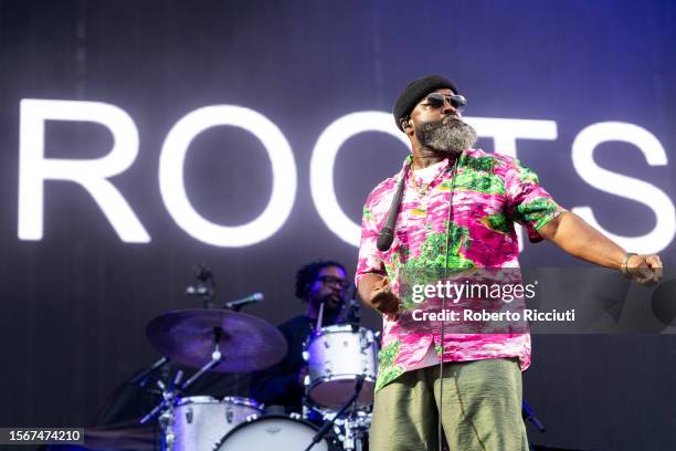 Questlove and Black Thought of The Roots perform on stage at Hampden Park National Stadium on July 23, 2023 in Glasgow, Scotland.