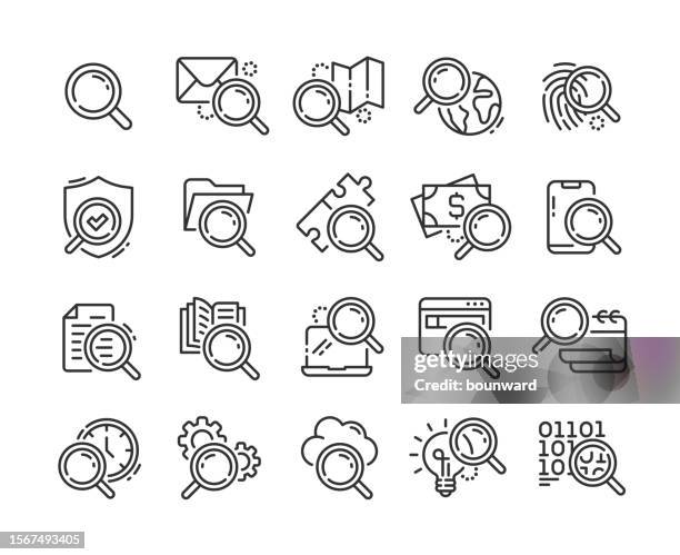 symbole für suchzeilen. pixelgenau. bearbeitbarer strich. - linse stock-grafiken, -clipart, -cartoons und -symbole