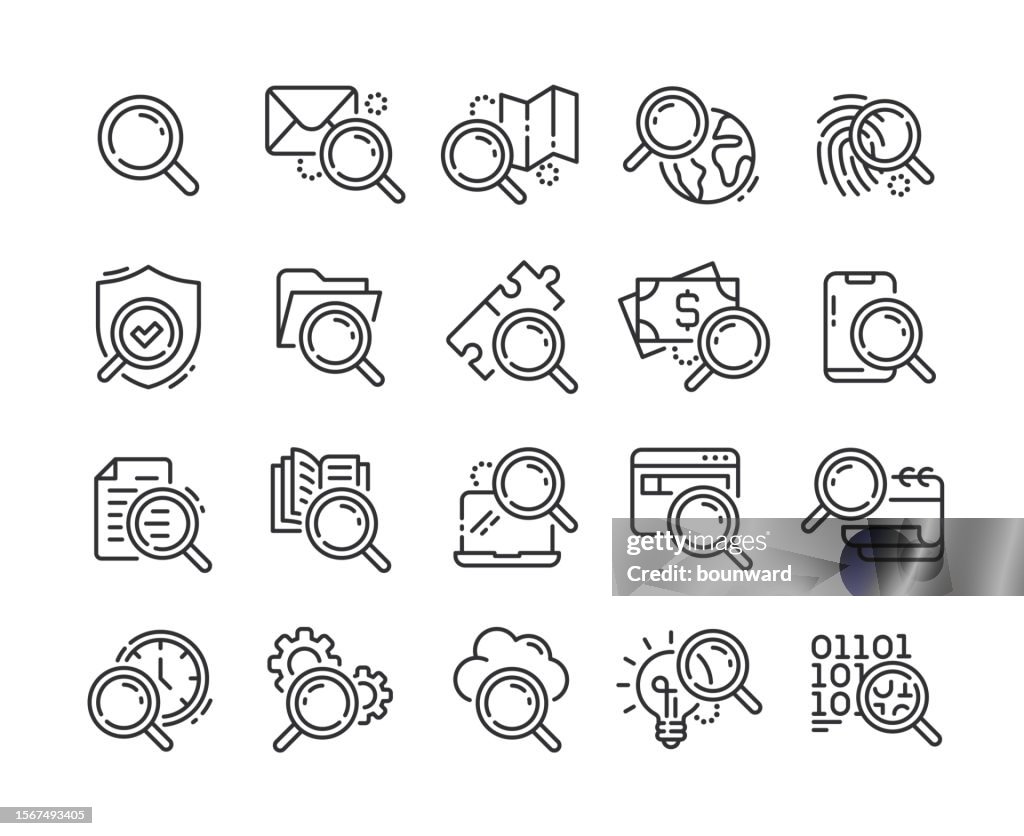 Iconos de línea de búsqueda. Pixel perfecto. Trazo editable.