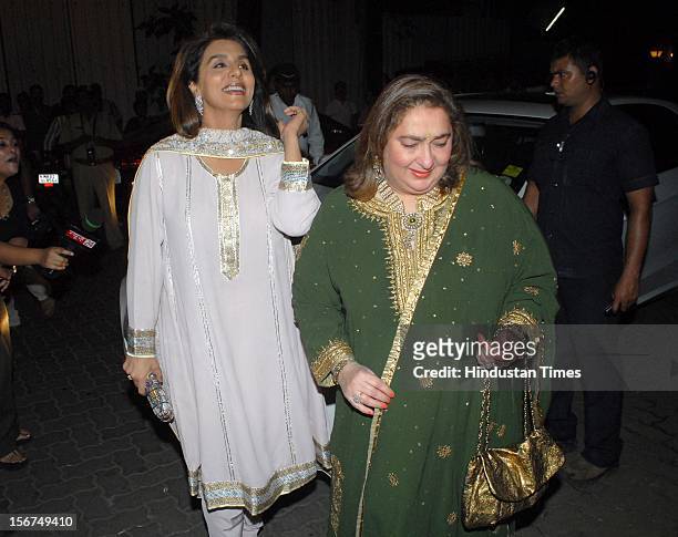 Neetu Kapoor and Reema Jain arrives at Saif-Kareena's Sangeet ceremony at Satguru Sharan, Bandra on Ocotber 14, 2012 in Mumbai, India. The party that...