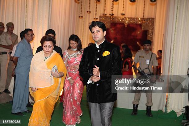 Congress Leader Jyotiraditya Madhavrao Scindia and his mother Madhavi Raje Scindia during Saif-Kareena Wedding Reception at 31, Aurangzeb Road 3 on...