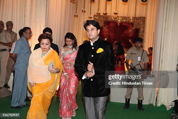 Congress Leader Jyotiraditya Madhavrao Scindia and his mother Madhavi Raje Scindia during Saif-Kareena Wedding Reception at 31, Aurangzeb Road 3 on...