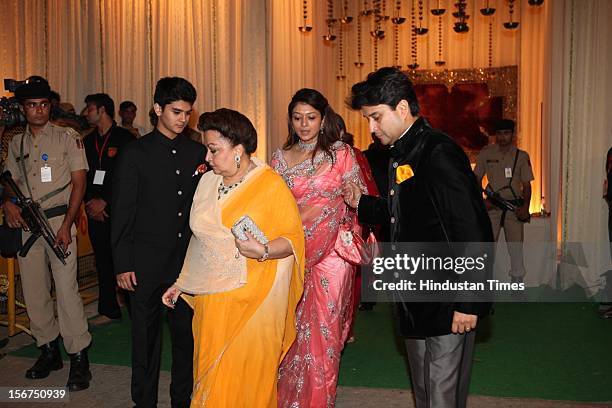 Congress Leader Jyotiraditya Madhavrao Scindia and his mother Madhavi Raje Scindia during Saif-Kareena Wedding Reception at 31, Aurangzeb Road 3 on...