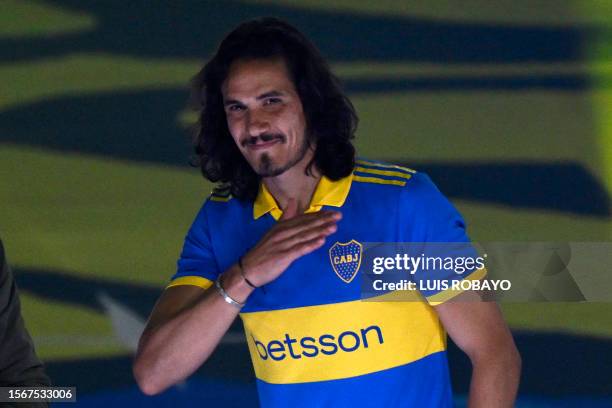 Boca Juniors' new player, Uruguayan forward Edinson Cavani, gestures during his presentation at La Bombonera stadium in Buenos Aires on July 31, 2023.