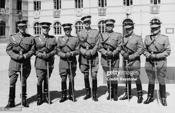 Spanish Royal Juan Carlos, Prince of Asturias , with graduates, all in military uniform, at the General Military Academy in Zaragoza, Aragon, Spain,...