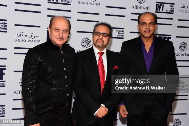 Actor Anupam Kher, Avtar Panesar and Ashutosh Gowariker attend the "Till I Breathe this Life" premiere during the 2012 Doha Tribeca Film Festival at...