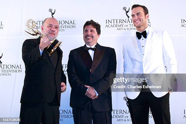 Producer/director Claudio Torres, writer Mauro Wilson and actor Cheyenne Jackson attend the 40th International Emmy Awards at Mercury Ballroom at the...