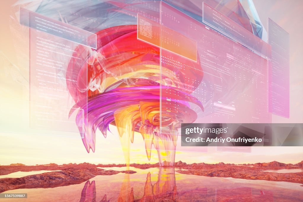 Swirl of vibrant colorful energy created and surrounded by articifial intelligence chatbots