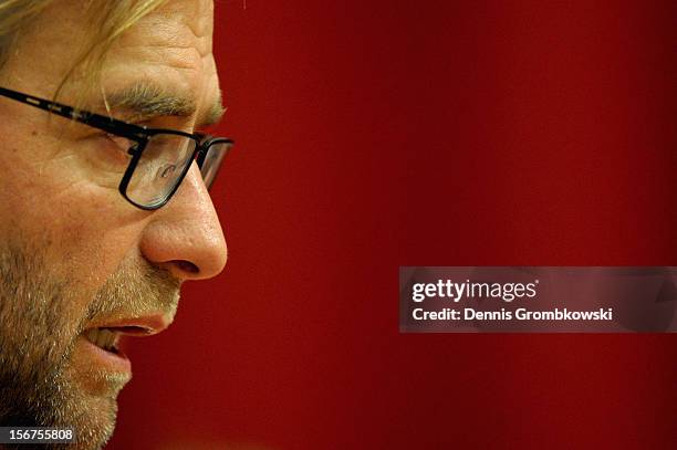 Head coach Juergen Klopp of Dortmund reacts during a press conference ahead of the UEFA Champions League match against Ajax Amsterdam on November 20,...